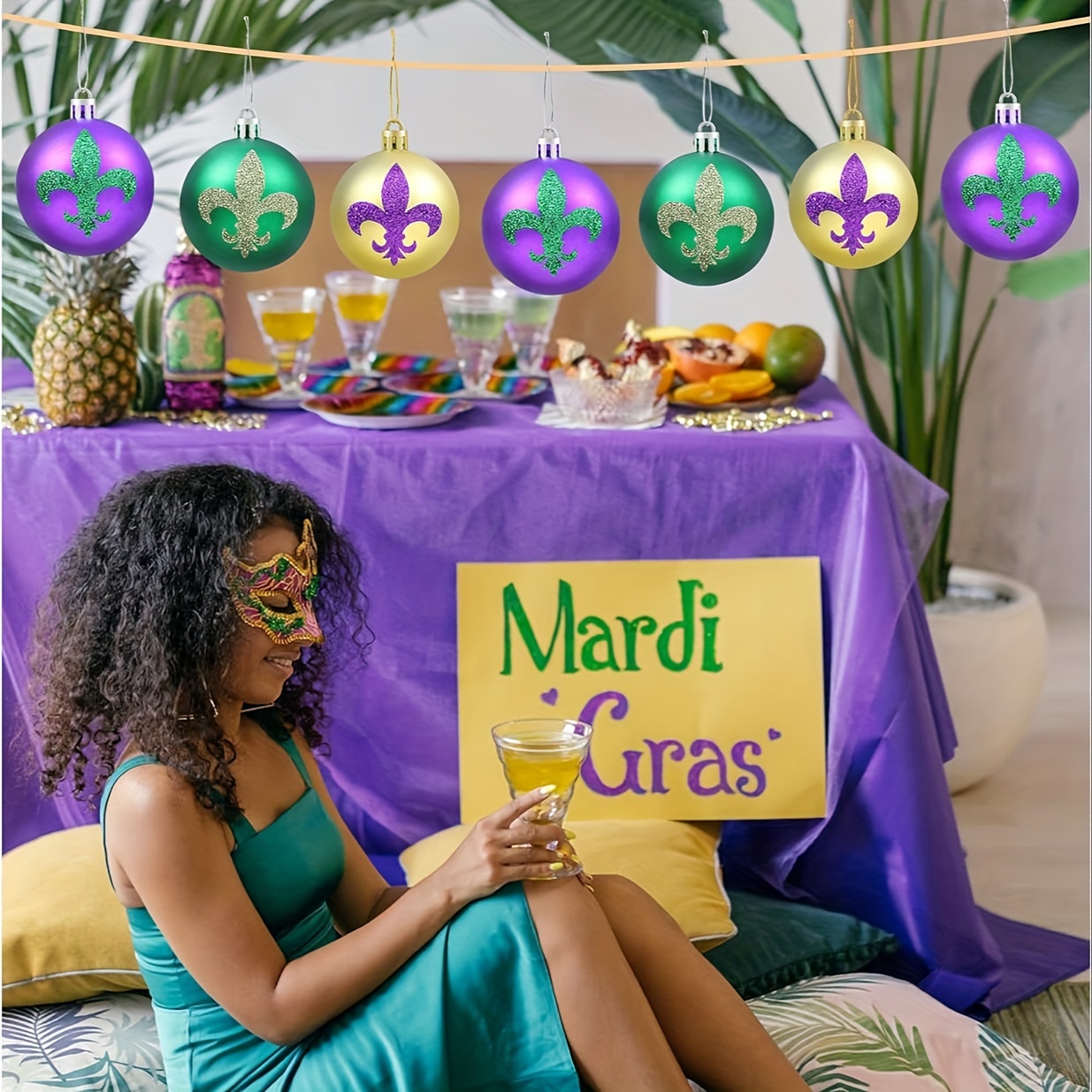 12Pcs Mardi Gras Balls Ornaments for Home Tree- Mardi Gras Decorations-  2.36 Gold Purple Green Glitter Baubles Hanging Ornaments for Mardi Gras