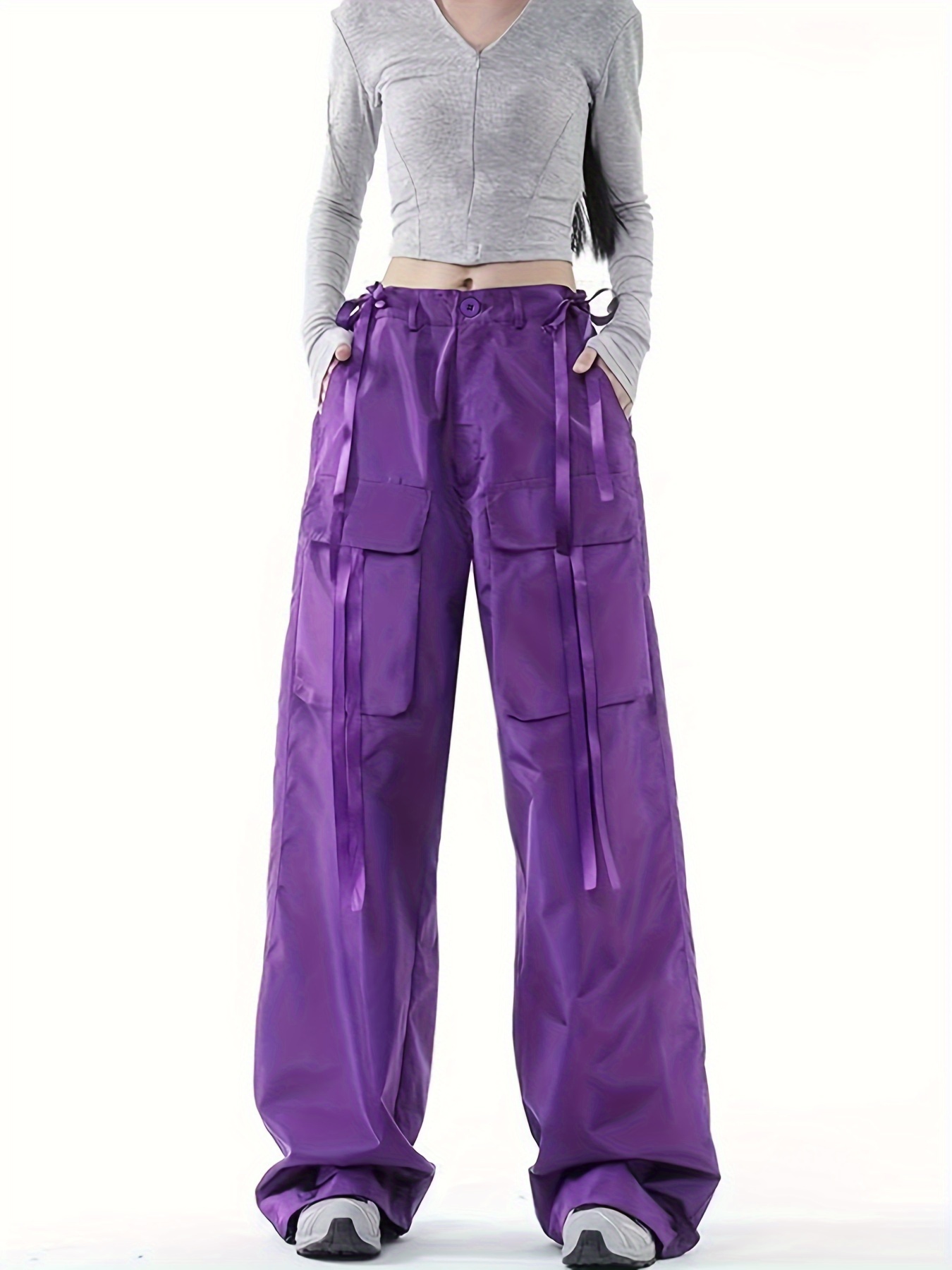 Women's Solid Color Lace Casual Sports Cargo Pants Pockets - Temu
