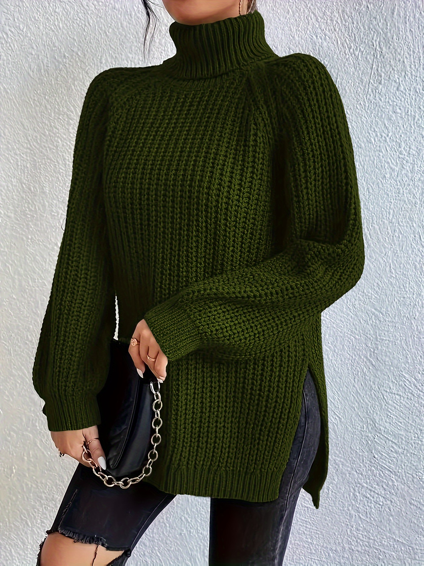 Buy Women Olive Textured Turtle Neck Casual Sweater Online