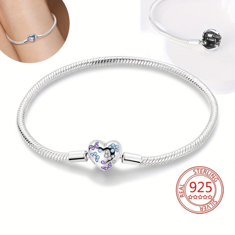 925 Silver Love Heart Bangle Bracelet Inlaid Shiny Colorful Zircon Elegant  Hand Chain Jewelry DIY