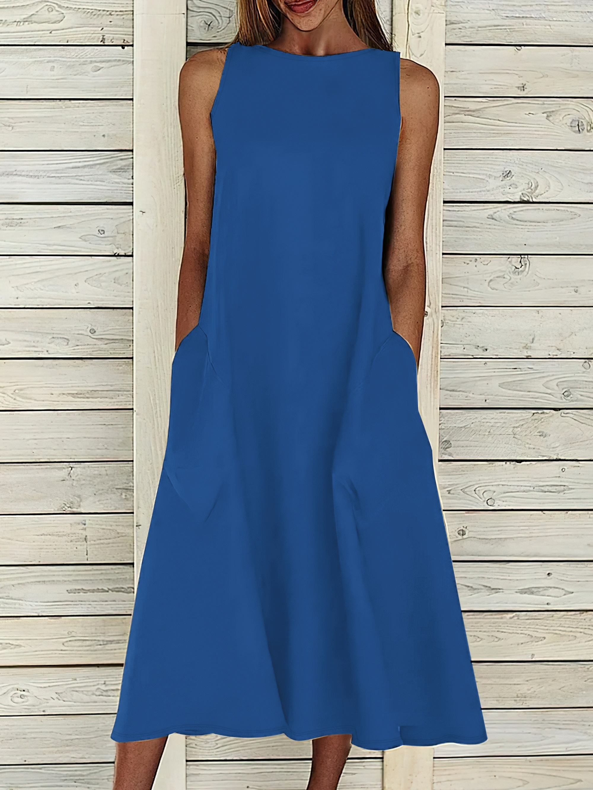 Simple Sleeveless Dress Casual Versatile Midi Dress Pockets - Temu