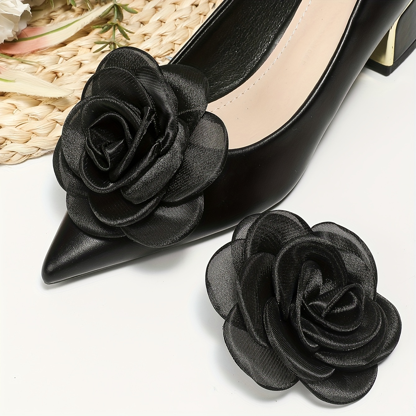 

1pair Elegant Black Flower Design Detachable Shoe Buckles For High Heels Decoration, Diy Accessories