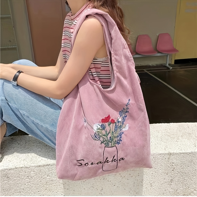 Floral Embroidery Shoulder Bag, Women's Canvas Bucket Bag, Casual Daily Handbag,Tote Bag for Women,Temu