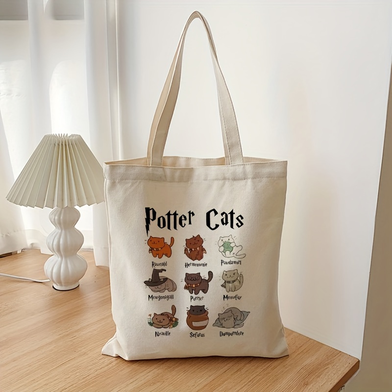 

1 Pc "potter Cat" Graphic Canvas Tote Bag, Cute Animal Leisure Handbag, Large Capacity Resuable Shoulder Bag For Students