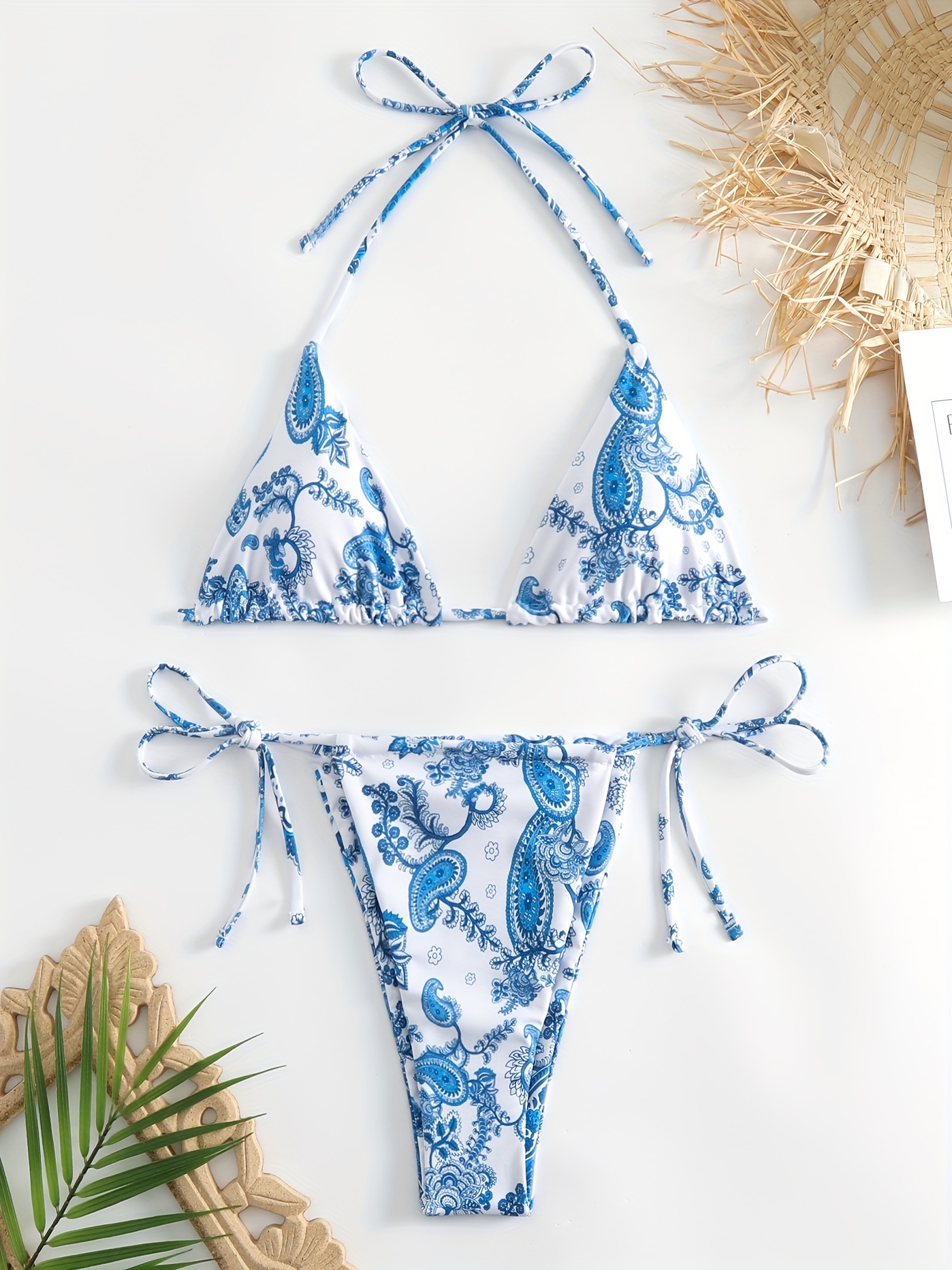 Paisley Print Sky Blue Tie Side Bikini Halter Tie Neck - Temu Canada