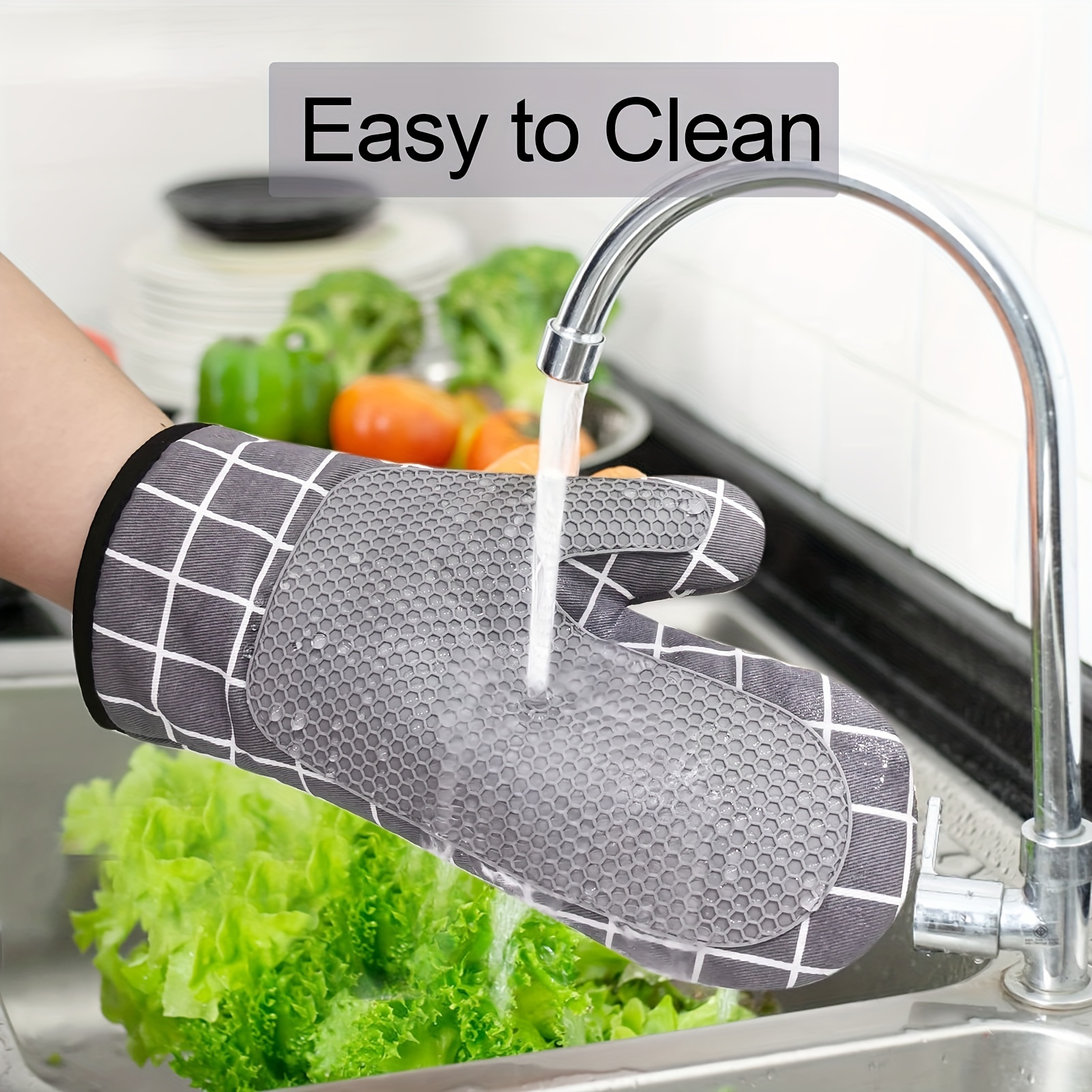 1pc Checked Silicone Oven Glove - Waterproof, Heat Resistant, Non