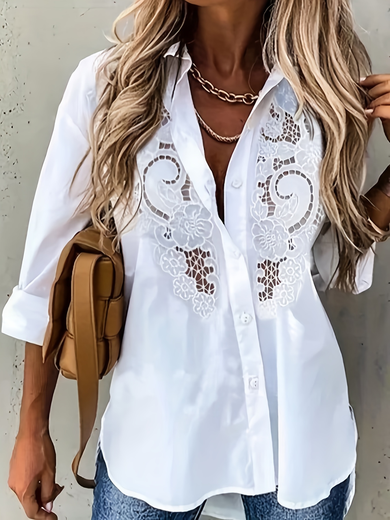 Cutout Contrast Lace Button Front T shirt Casual Ribbed Long - Temu Canada