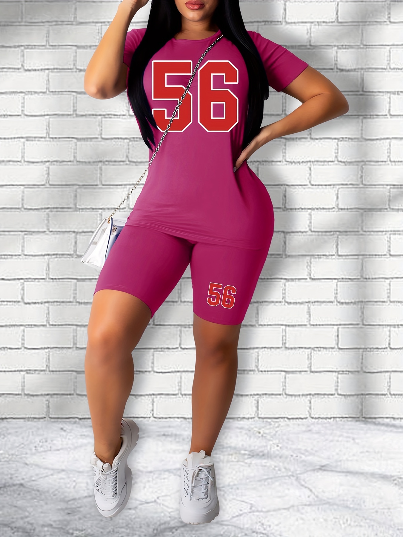 Casual Two Piece Set Short Sleeve Tee & Slim Shorts, Women's Outfit