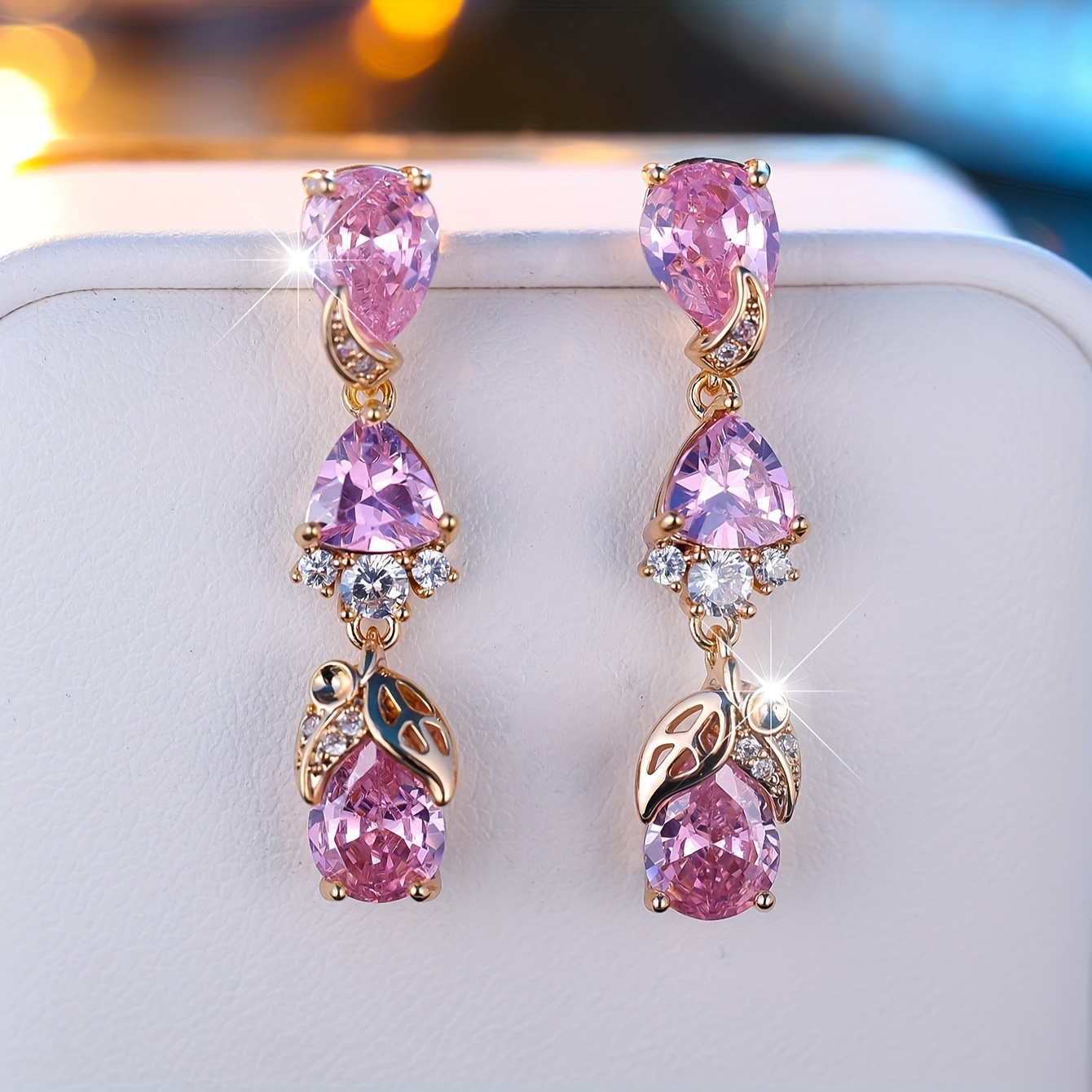 Image of Pair Of Pink Water Drop White Synthetic Zirconia Tassel Earrings For Banquets And Parties