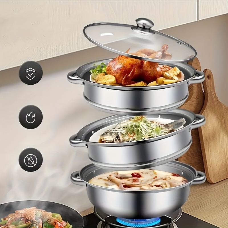 3 Tier Vegetable Steamer Pan Set Food Stainless Steel Pot Cooking