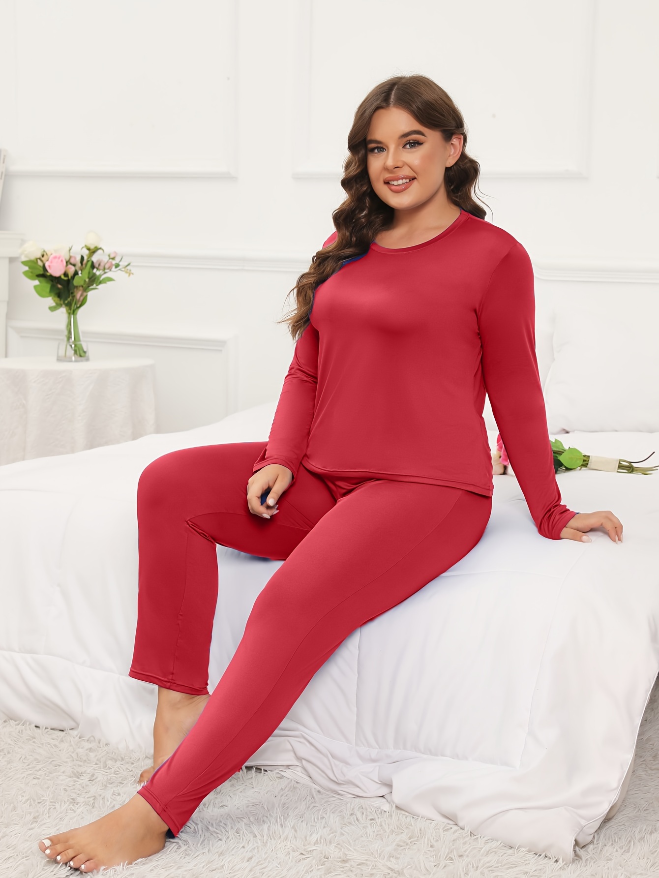 Loungewear Set Solid Long Sleeve Slim Fit Top & Pants Soft Pajamas