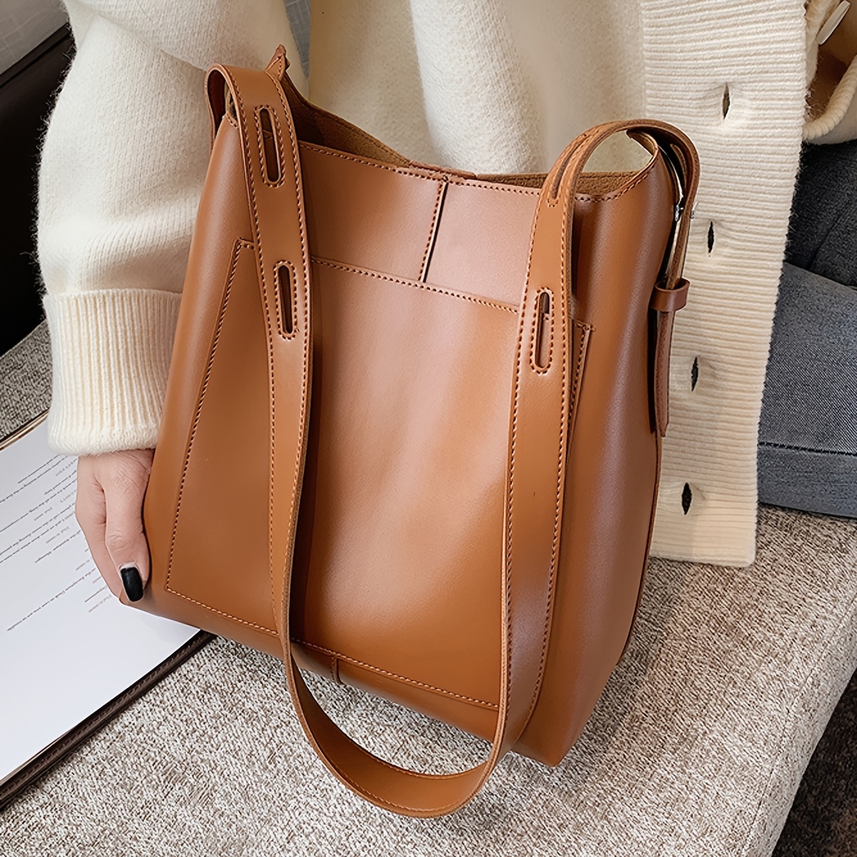 PU Leather Shoulder Bag - The Korean Fashion Brown