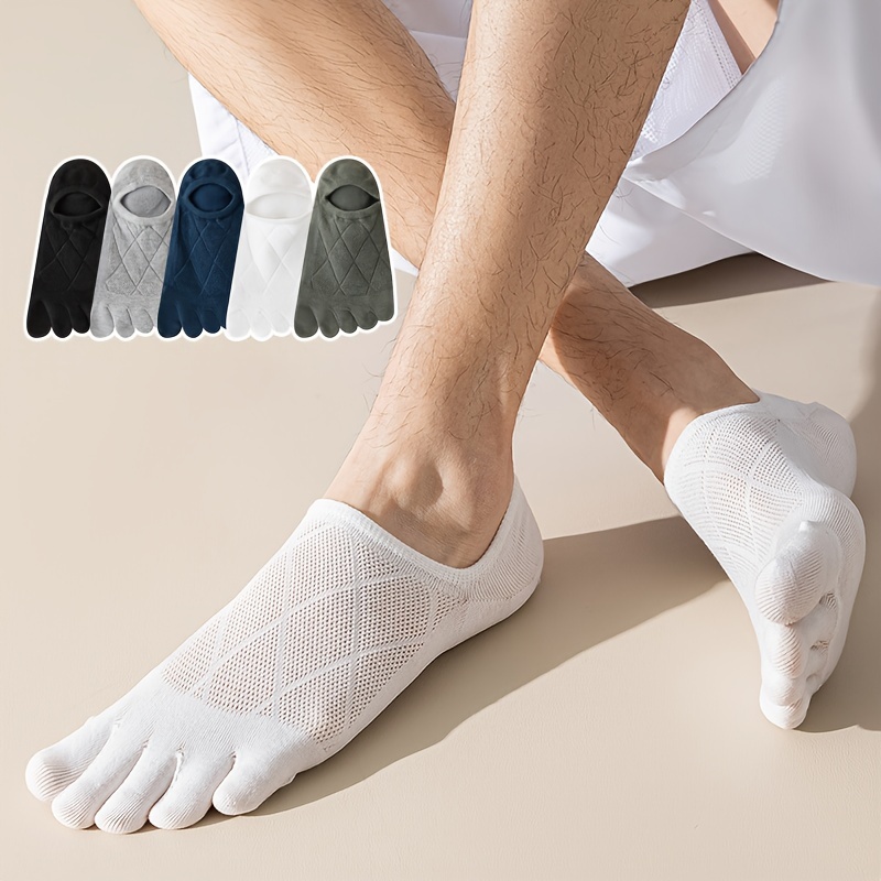 

3/5 Pairs Of Men's Solid No Show Tabi Toe Socks, Thin Mesh Cotton Blend Comfy Breathable Sweat Resistant Anti-odor Non-slip Socks For Men's Wearing