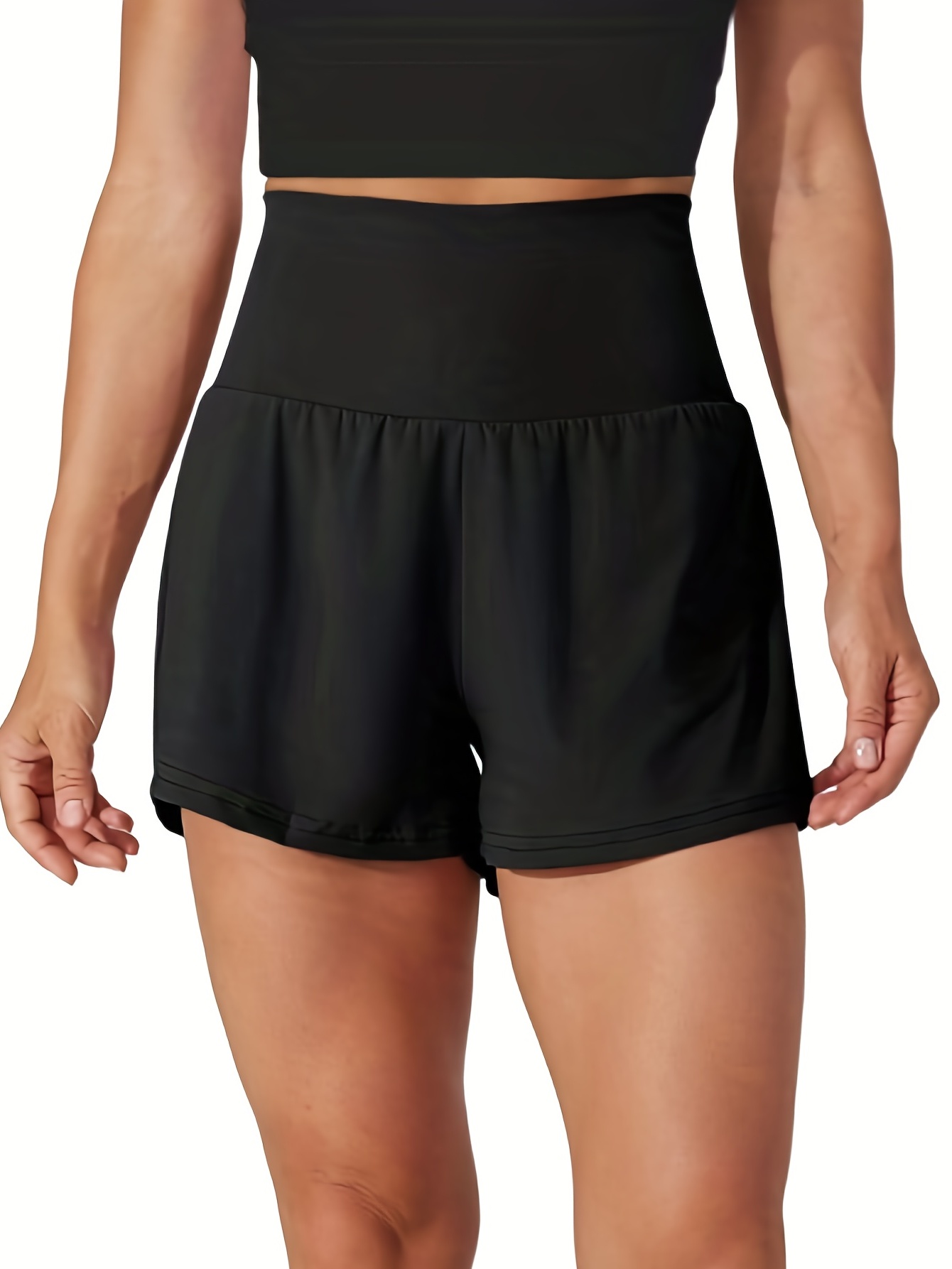 High Waist Solid Color Bermuda Swim Shorts Stretchy Tummy - Temu