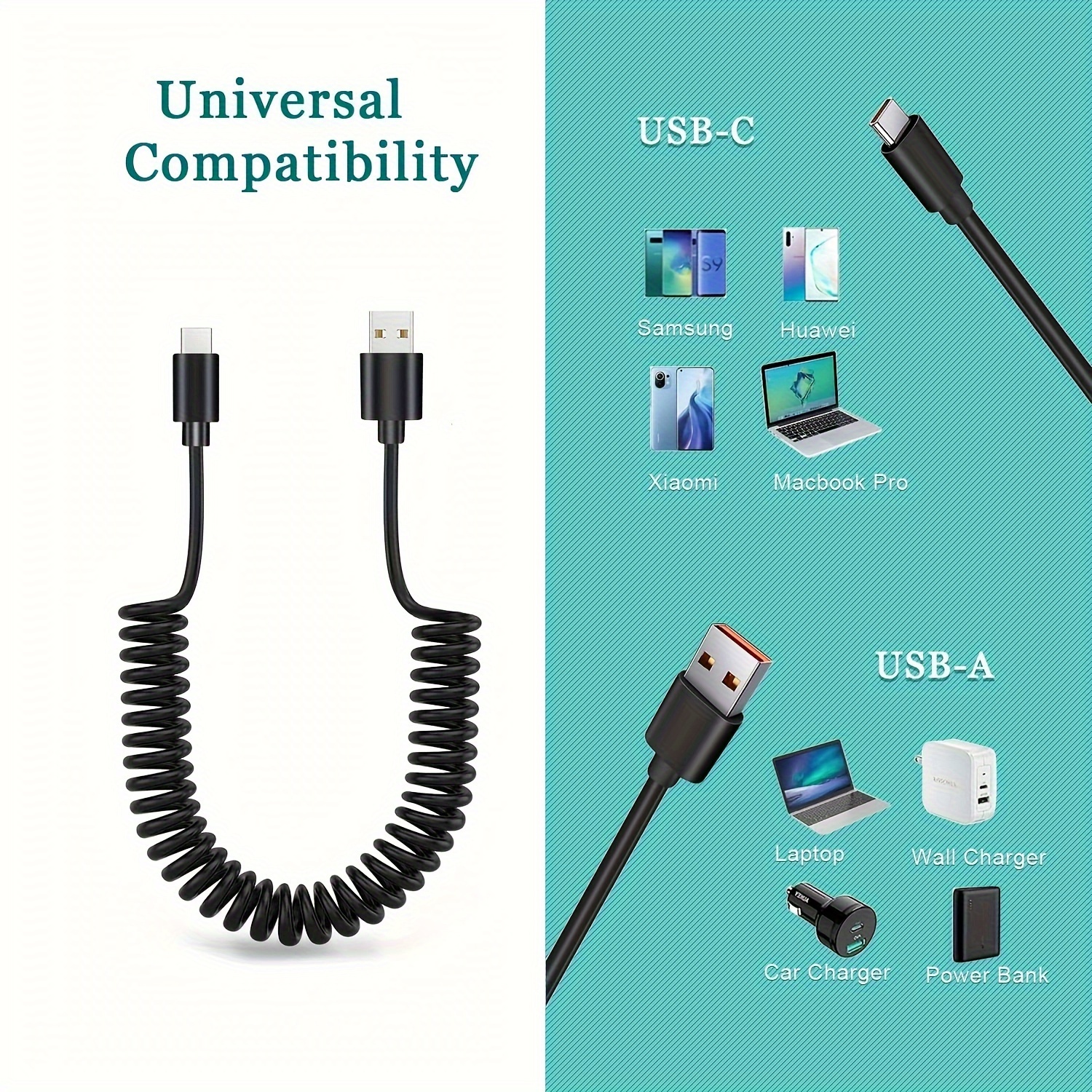 Micro USB Type C Mini Charger Retractable Spring Data Cable for Car Phone  Camera