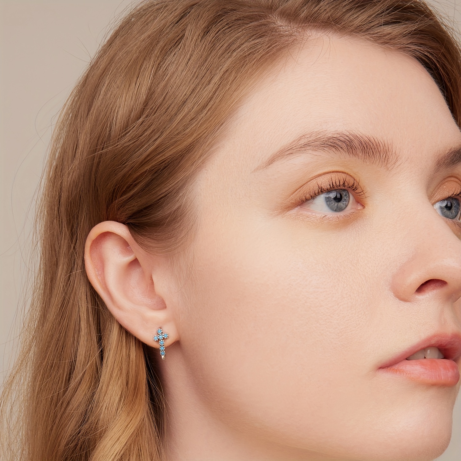 925 Silver Cross Pattern Turquoise Hoop Earrings Bohemian Style