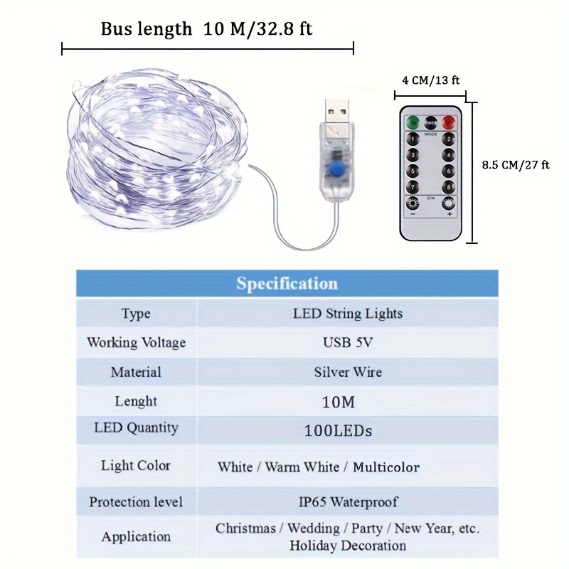 Battery Powered LED Fairy Lights with Silver Wire - 13ft