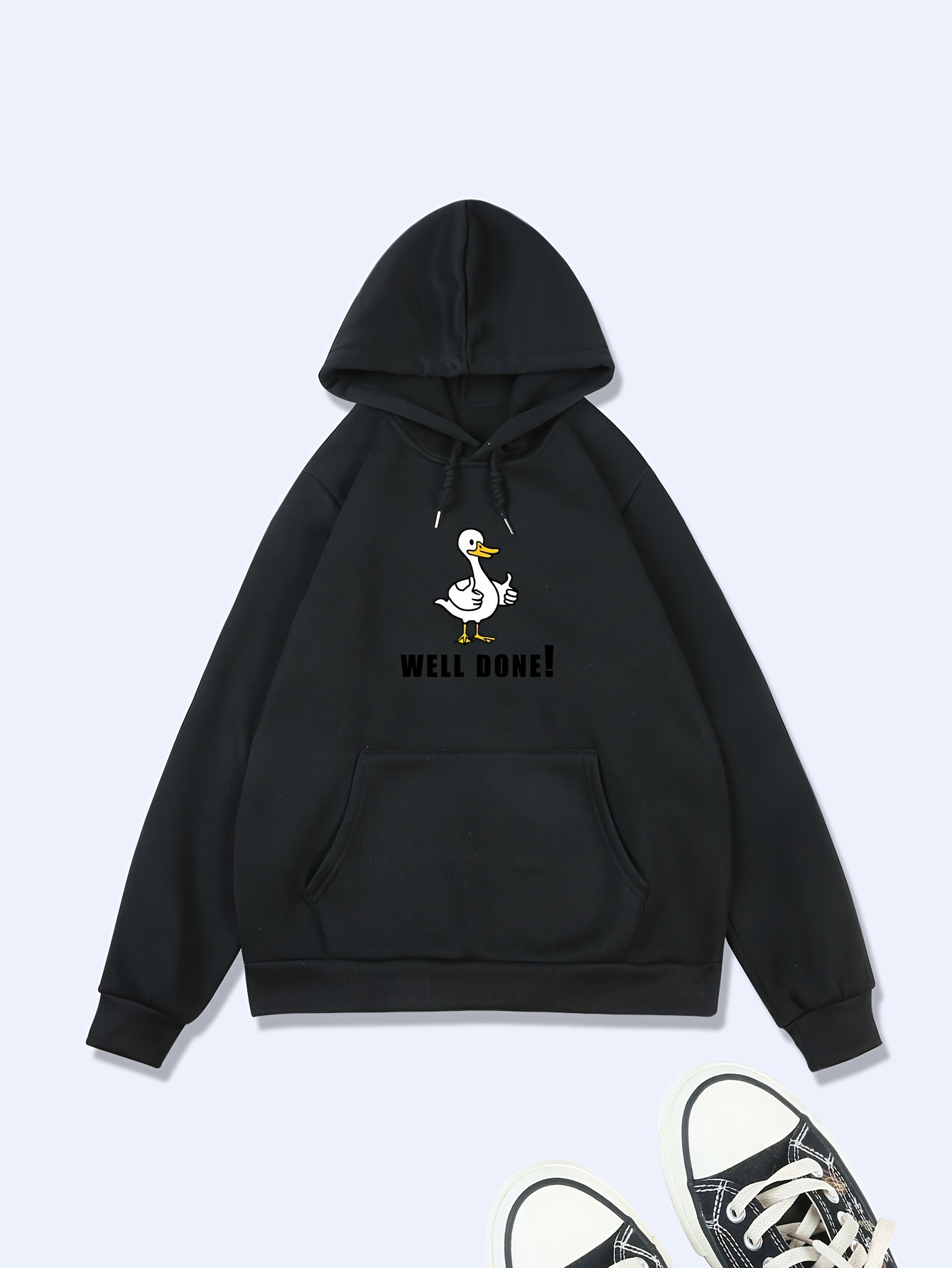 Fashion Cute Duck Graphic Drawstring Pullover Hoodie, Long Sleeve