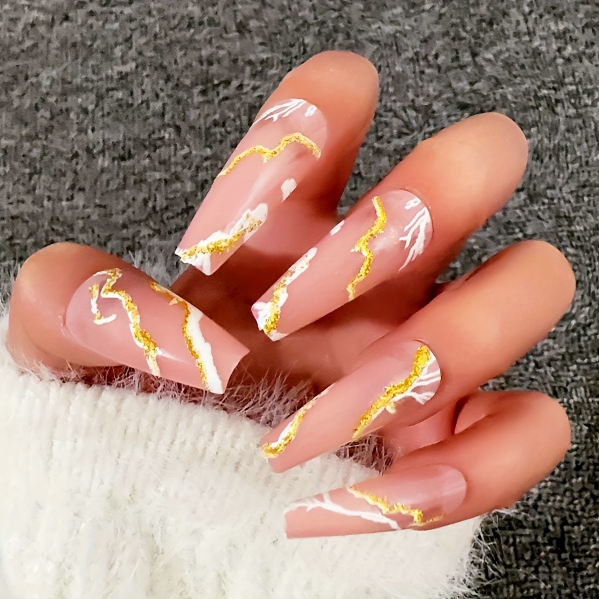 Nude Press On Nails, Long Coffin Fake Nails With White And Golden
