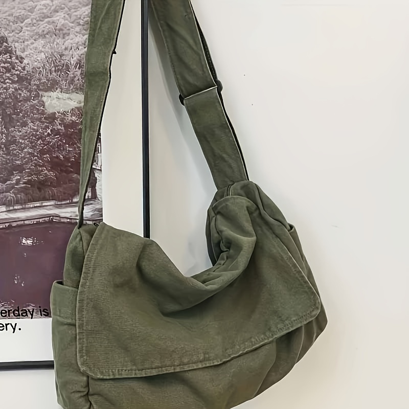 

Simple Canvas Messenger Bag, Large Capacity Crossbody Bag, Trendy Student Flap Shoulder Bag