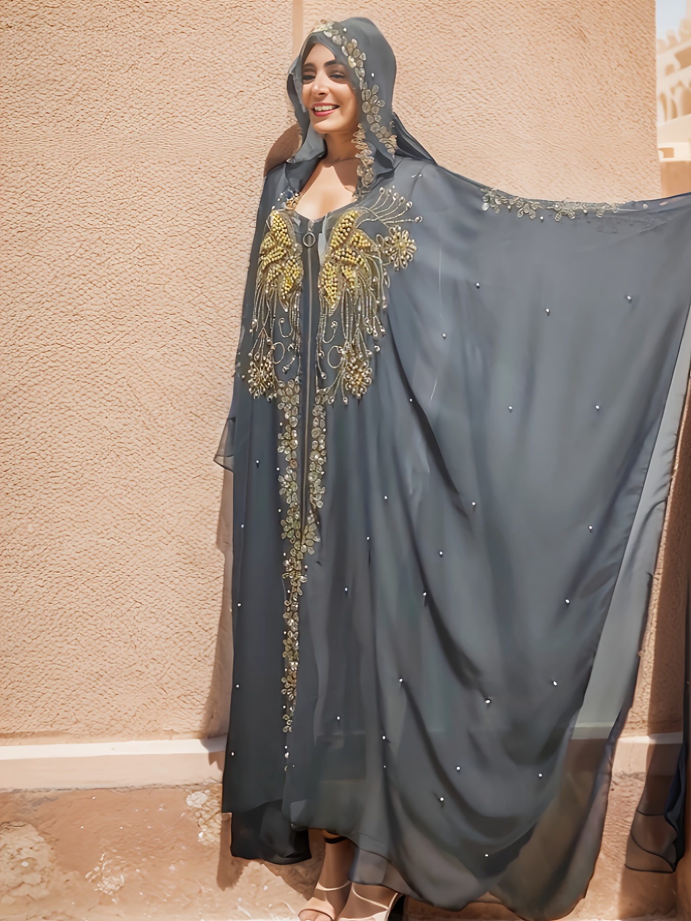 Ramadan Artı Boyutlu Boncuklu Çiçek Desenli Kaftan Elbise, Zarif Fermuar Ön Uzun Kollu Kapüşonlu Elbise, Kadınların Artı Boyutlu Giyimleri