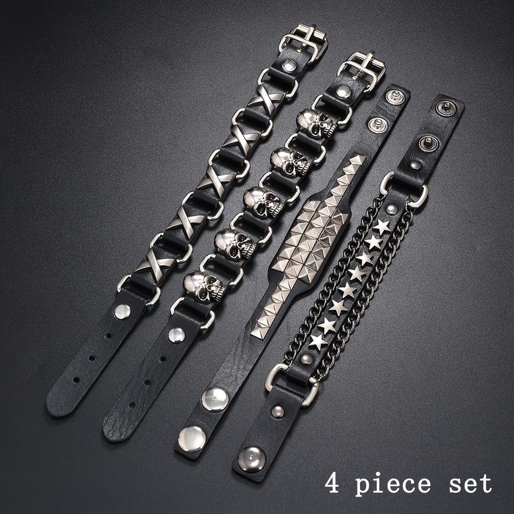 Image of Gothic Punk Style Rivet Cuff Bracelet With Pu, Trendy 4pcs Set, Simple And Fashionable Accessories