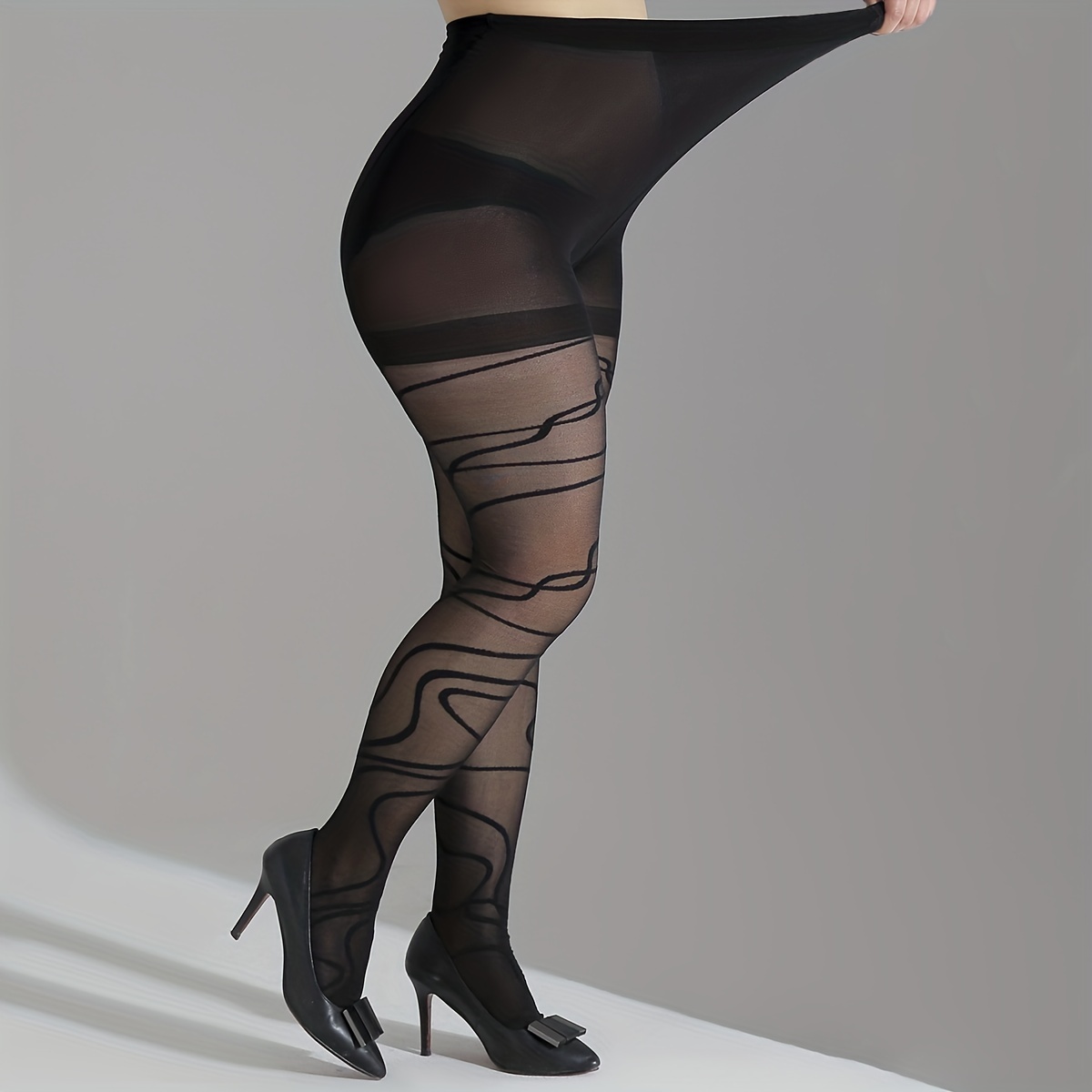 Plus Size Casual Stockings, Women's Plus Fluid Jacquard High Rise Stretchy Pantyhose