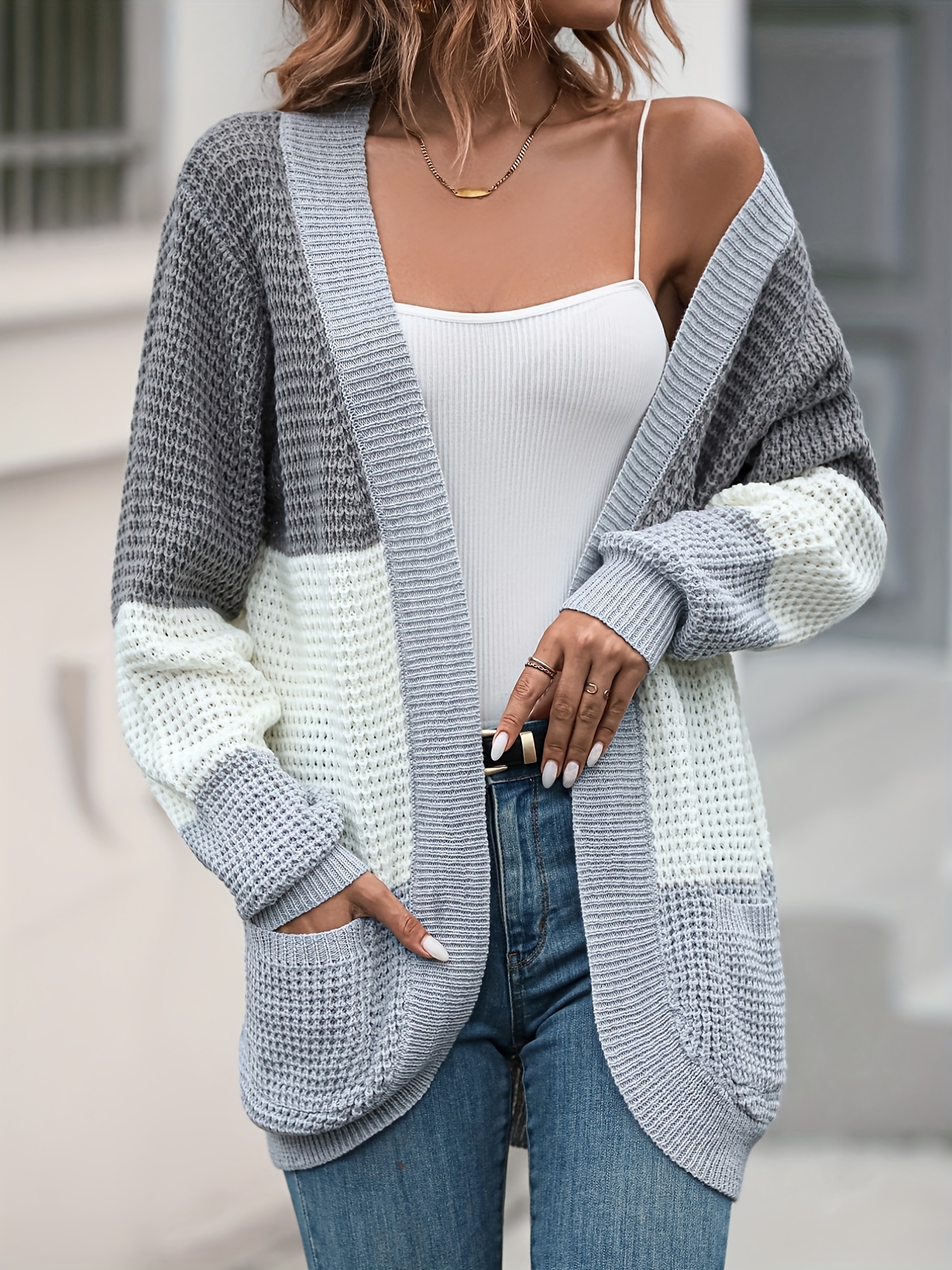 Waffle Solid Knit Cardigan Casual Long Sleeve Sweater With - Temu