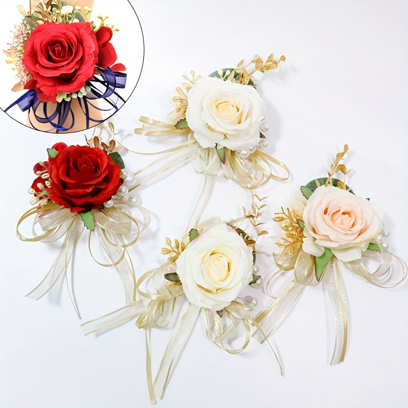 Ivory Rose Wrist Corsage Wristlet Band Bracelet and Men Boutonniere Set for  White Wedding Flowers Accessories Prom Suit Decorations 