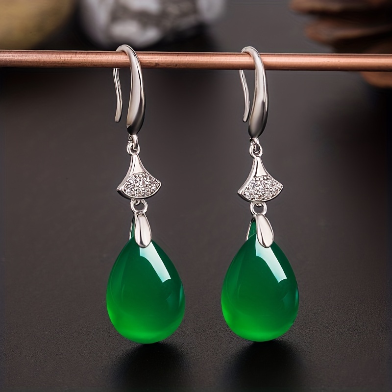 Green Agate Long Drop Dangle Earrings Green Chalcedony Jewelry Gift