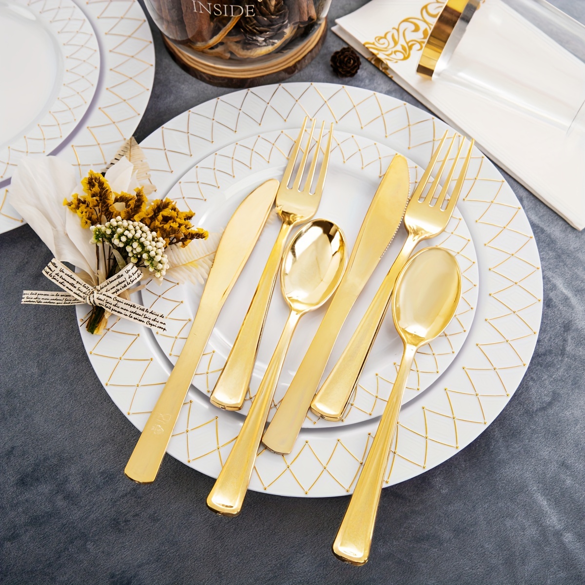 White And Golden Party Supplies Disposable Dinnerware Set - Temu