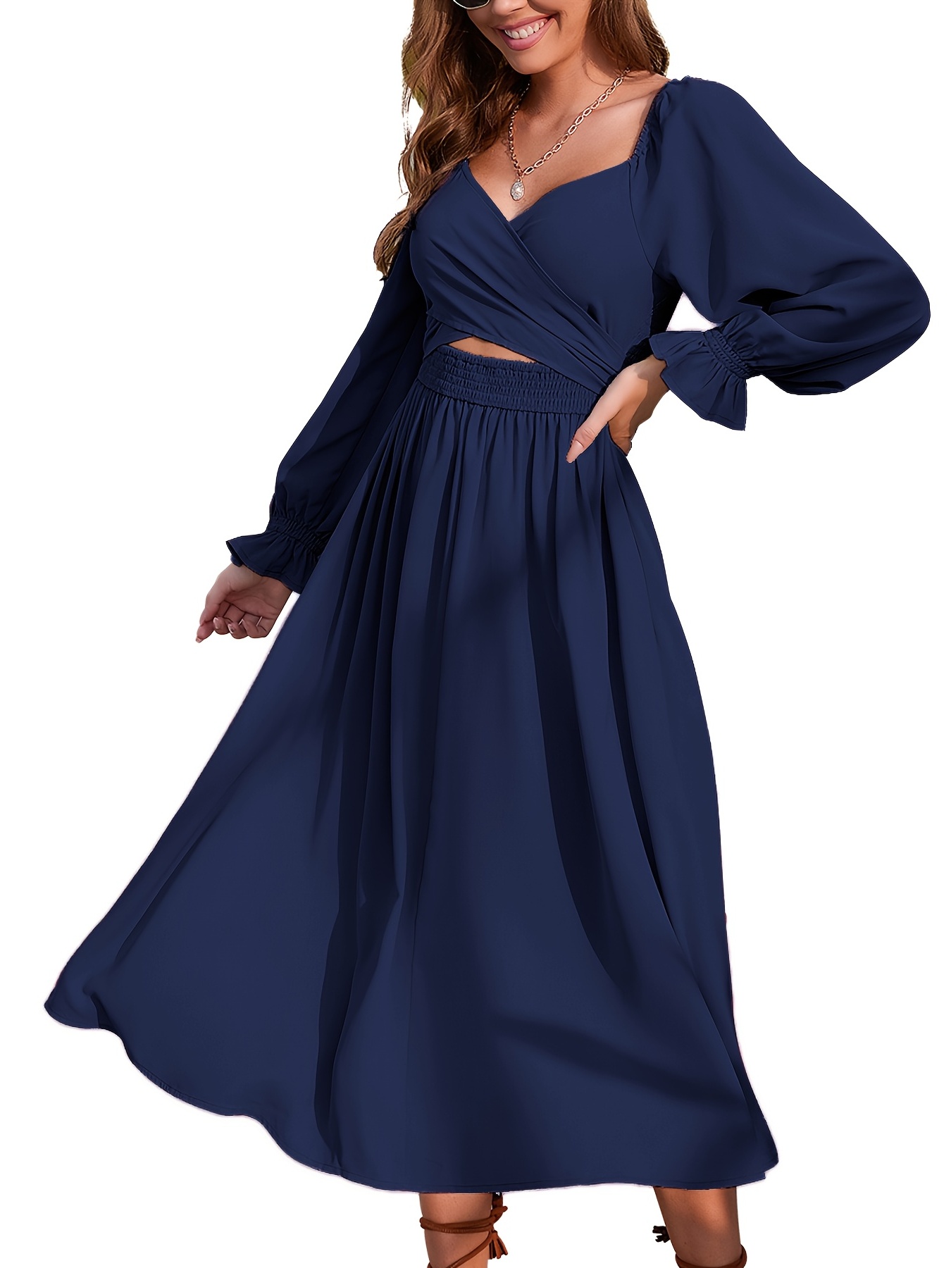 Multi Wear Solid Dress Elegant Shirred Long Sleeve Pleated - Temu