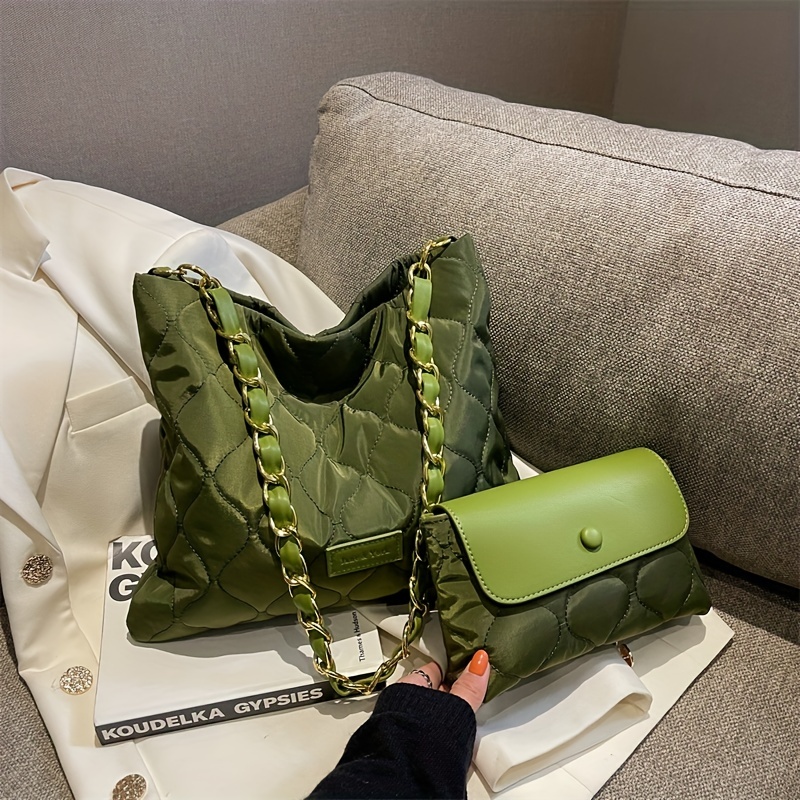 Quilted Detail Bag Sets Solid Color Tote Bag Shoulder Chain - Temu