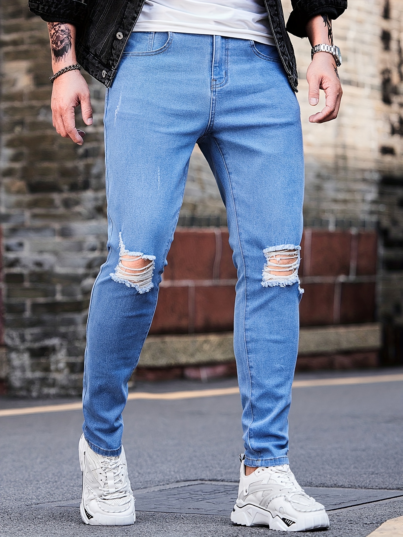 Creative Straight Leg Ripped Jeans, Men's Casual Street Style Distressed  Denim Pants For Spring Summer