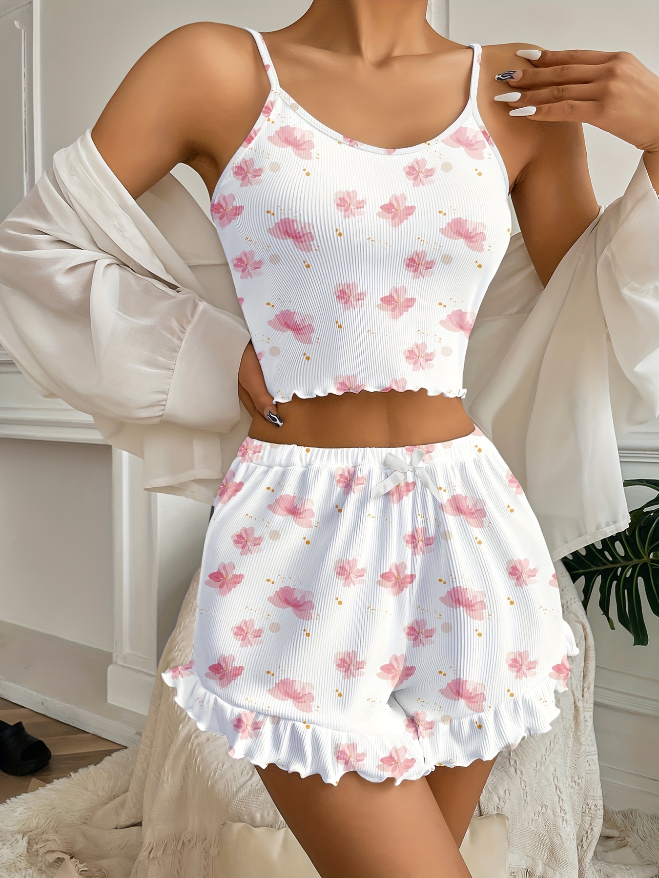 Floral Print Pajama Set, Casual Cami Crop Top & Ruffle Hem Bow Shorts,  Women's Sleepwear & Loungewear