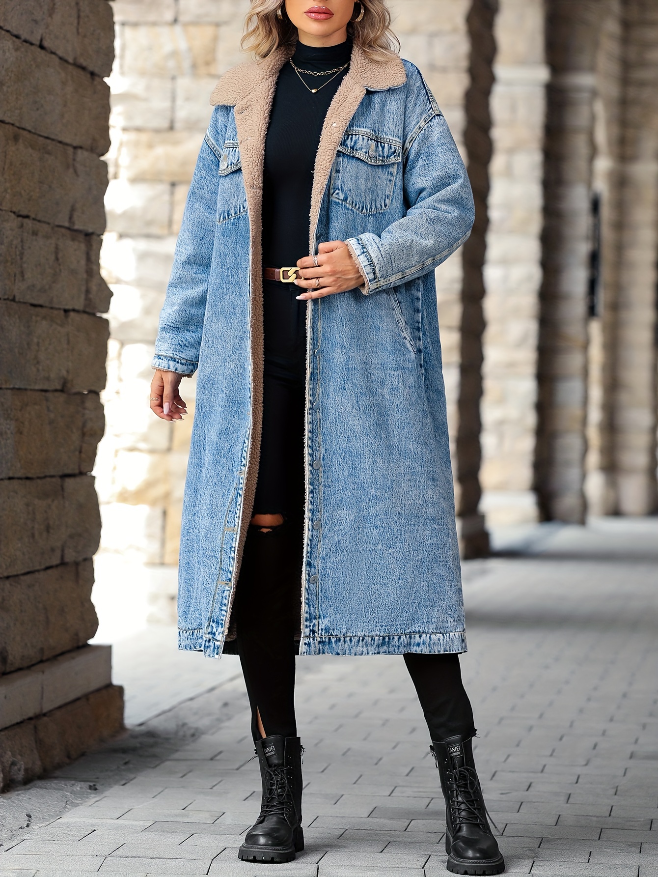 Plain Fleece Liner Long Denim Coat Long Sleeves Drop - Temu