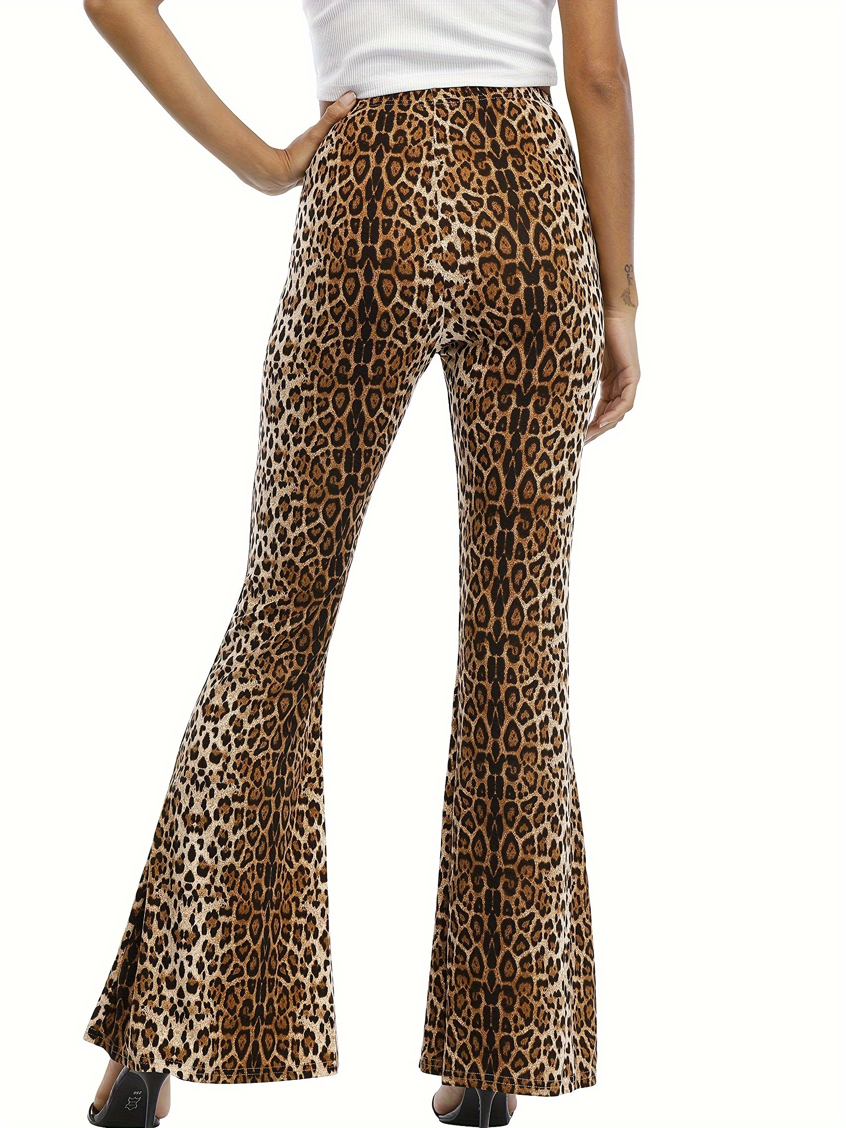 Leopard Print Velvet Flare Leg Pants Elegant Elastic Waist - Temu Canada