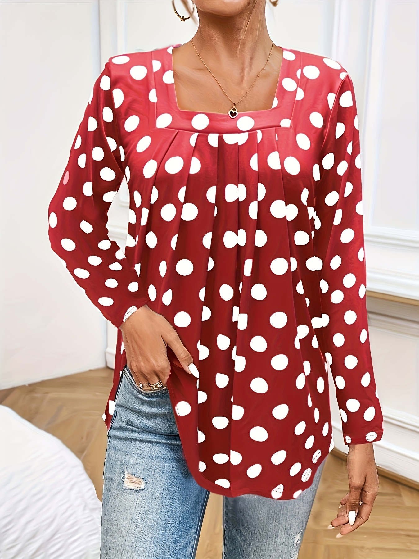 Square neck sales polka dot top