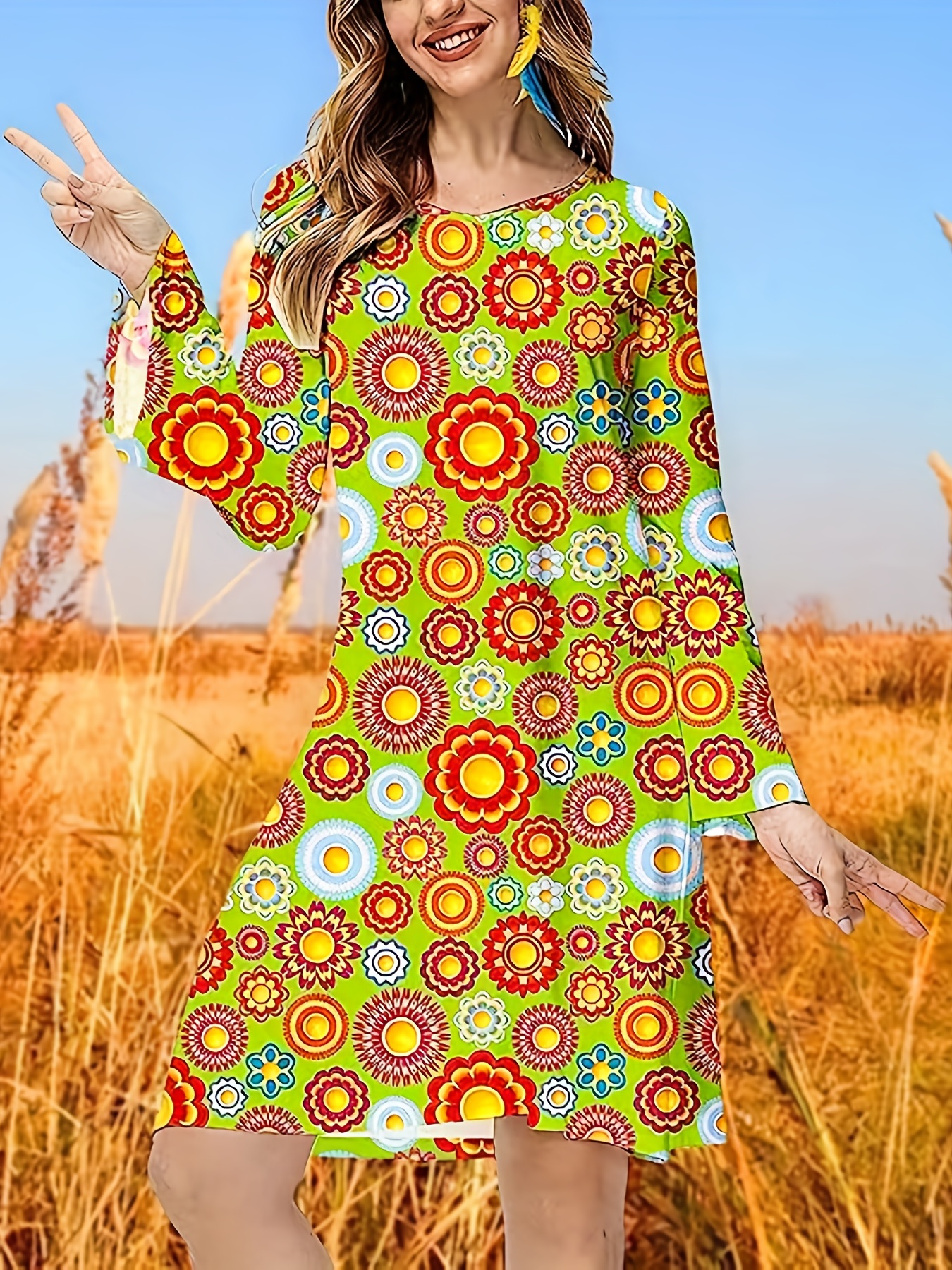 Hippie Halloween Cosplay Dress, Long Sleeve Random Print Party