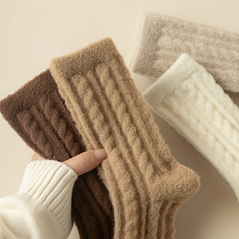 

3/6 Paires De Chaussettes En Peluche Texturées, Chaussettes Épaisses Et Chaudes À Mi-tube Simples, Bas Et Collants Pour Femmes