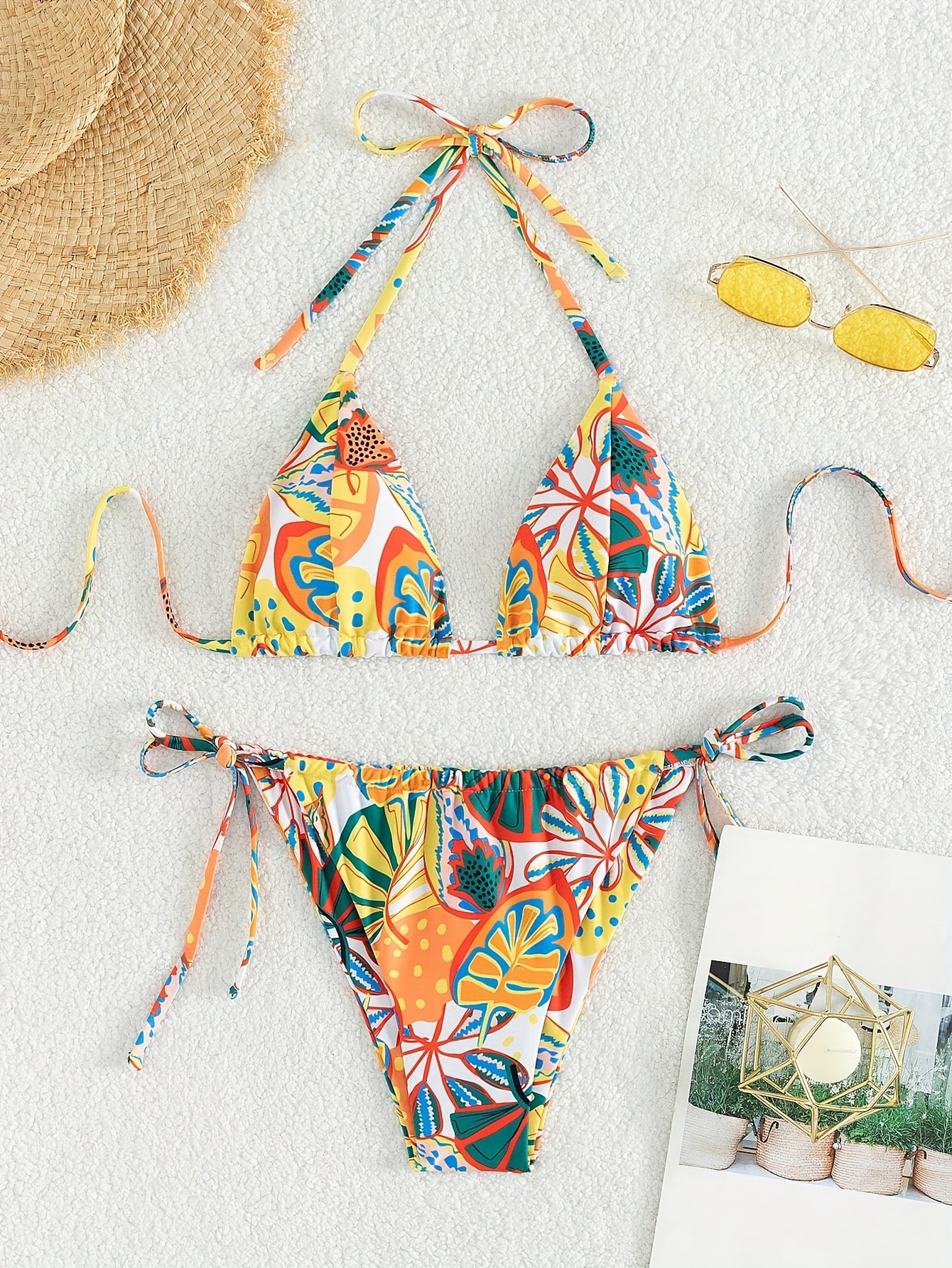 Tropical Print Bikini Sets Triangle V Neck Spaghetti Straps - Temu Canada