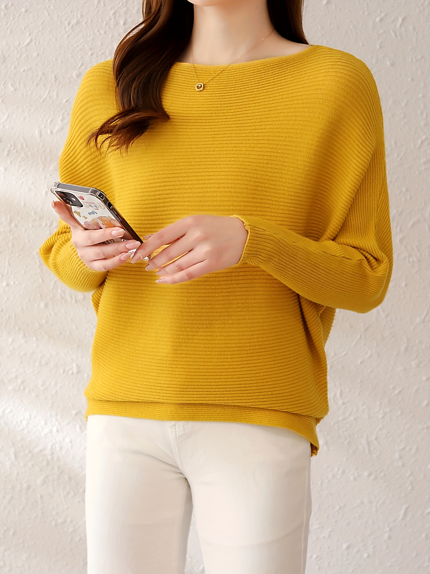 solid batwing sleeve knit sweater casual boat neck sweater for spring fall womens clothing yellow 3