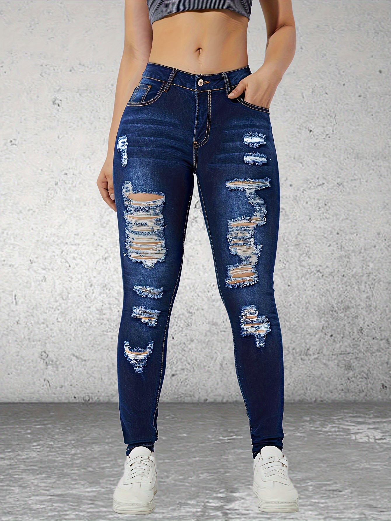 Express Jeans Women's 2 Girlfriend High Rise Blue Faded Distressed Stretch  Denim