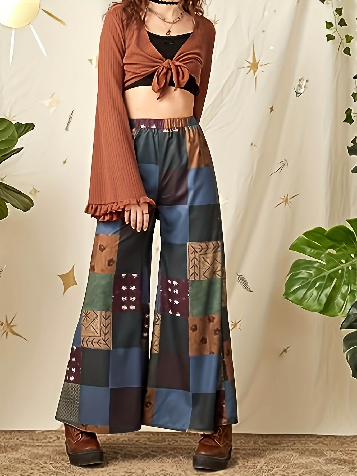 Colorblock Print Wide Leg Pants Casual Loose High - Temu