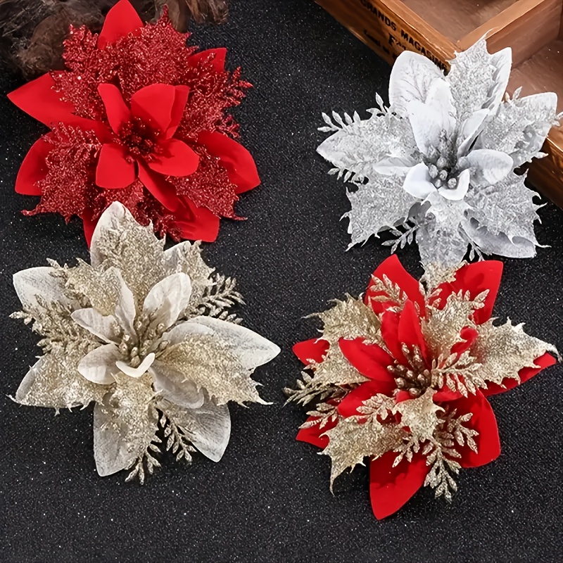 

10pcs/pack Glitter Artificial Poinsettia Flowers, Christmas Wreath Christmas Tree Flowers Ornaments, For Xmas Party, Wedding