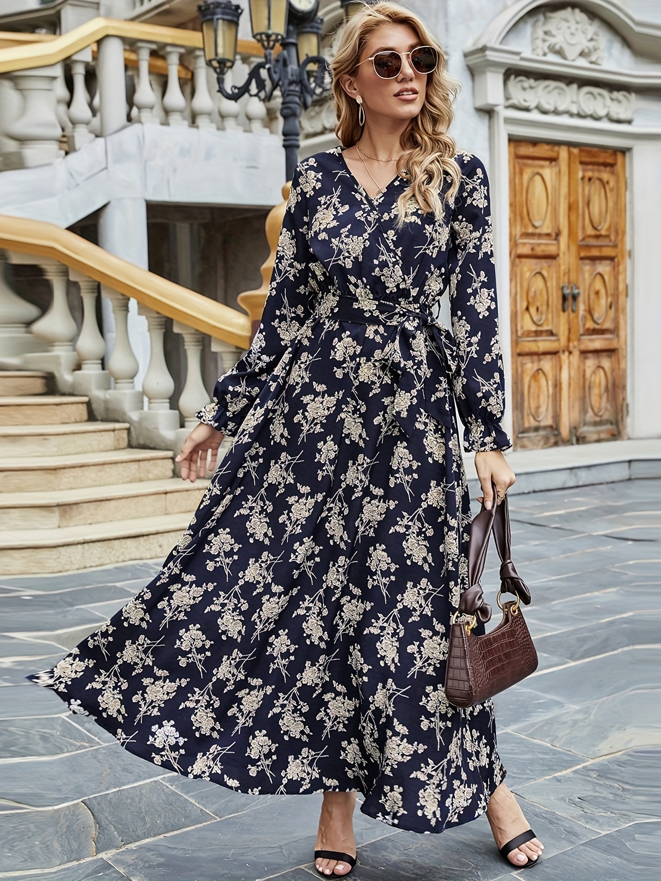 Floral Print Maxi Dress, Elegant V Neck Long Sleeve Dress, Women's Clothing