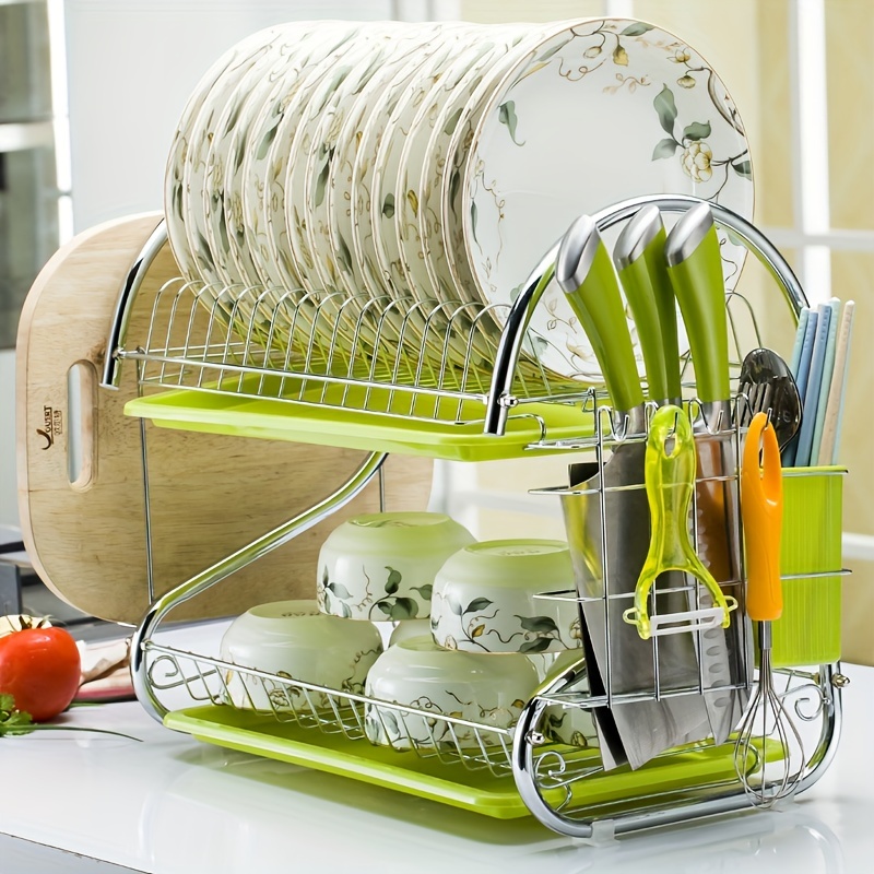 2 Tiers Dish Drying Rack with Drain Tray Dish Drainer Organizer