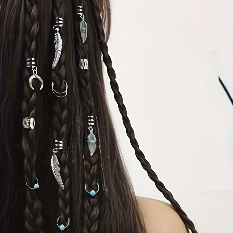 

31pcs Turquoise Dreadlock Braid Hair Rings Feather Shape Hair Ring Western Hair Accessories For Female Women