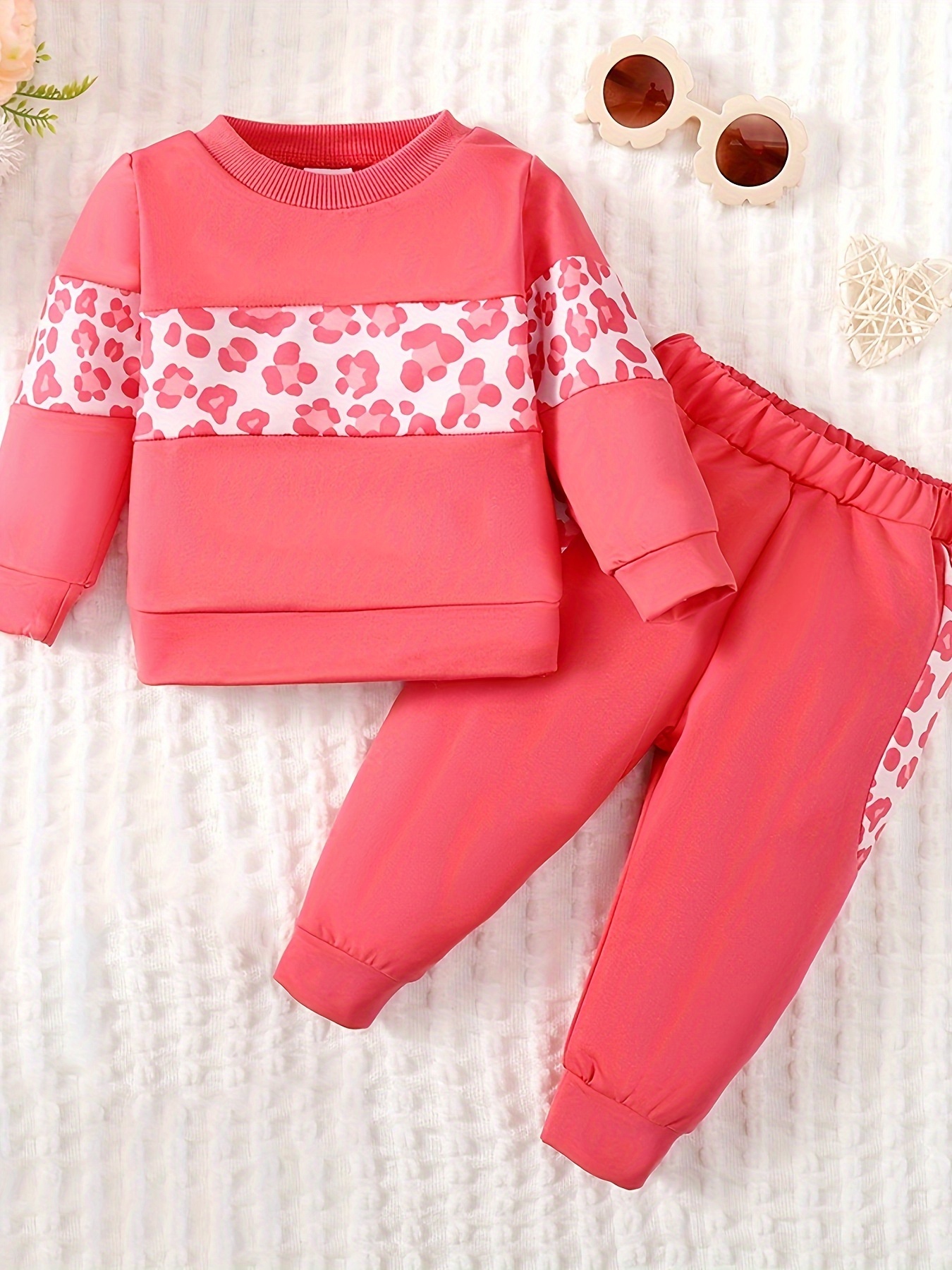 2-piece Kid Girl Leopard Print Colorblock Long-sleeve Top and Elasticized Pants Casual Set