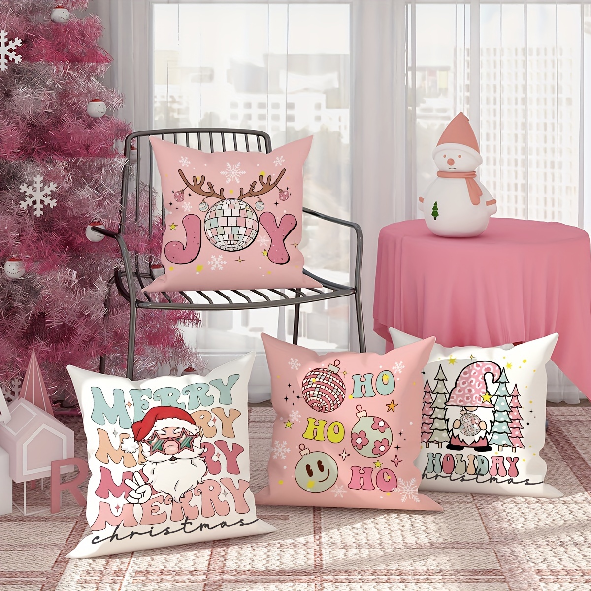 2023 New Pink Christmas Pillow Covers Pink Linen Santa Claus Pillow Cover  Cute Christmas Cartoon Printed Pillow Covers